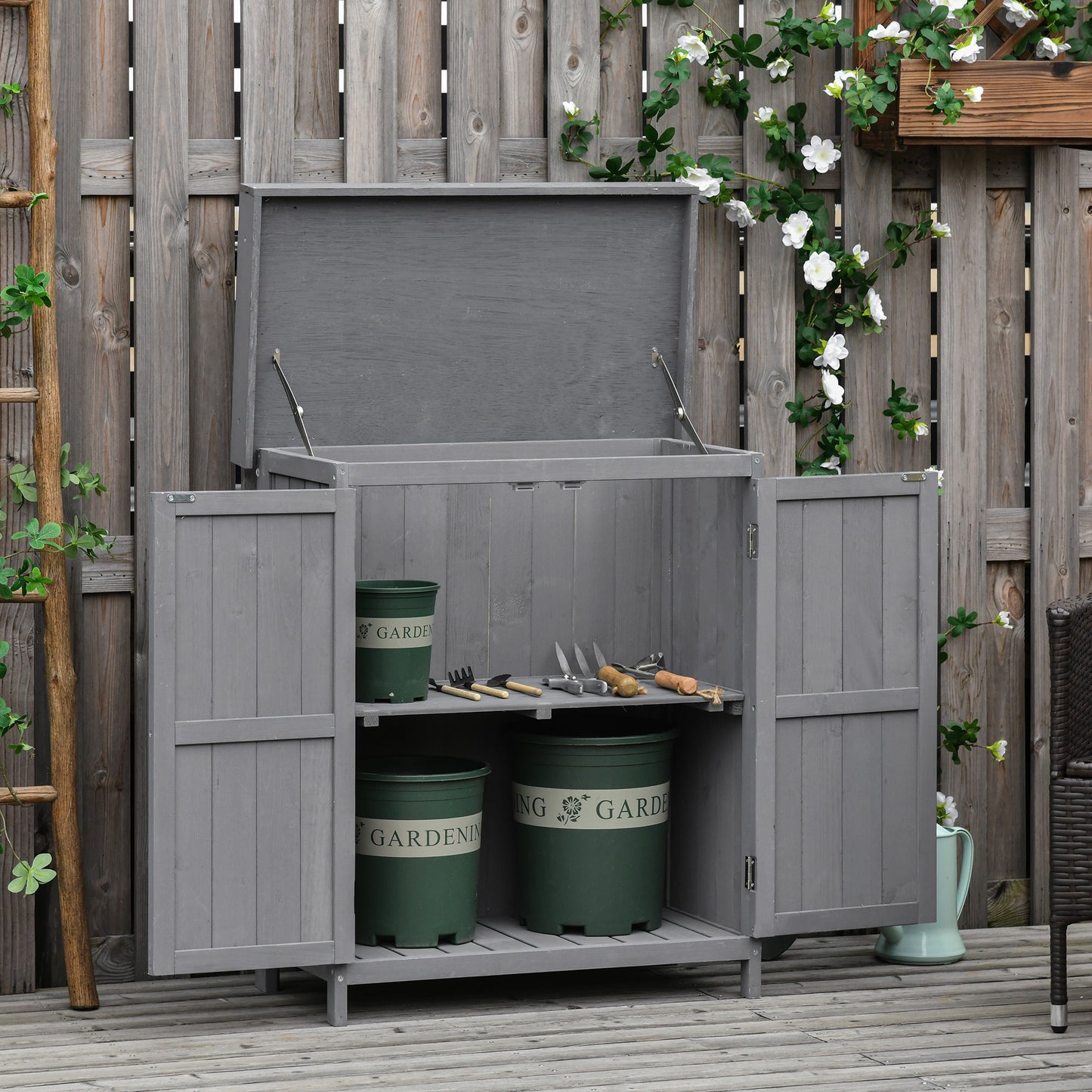 Wooden Garden Storage Shed with Hinged Roof and Shelves, 74 x 43 x 88cm
