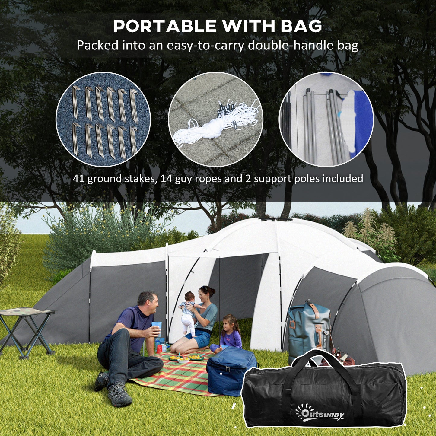 Large Tunnel Tent with 3 Bedroom, Living Area and Porch, Grey