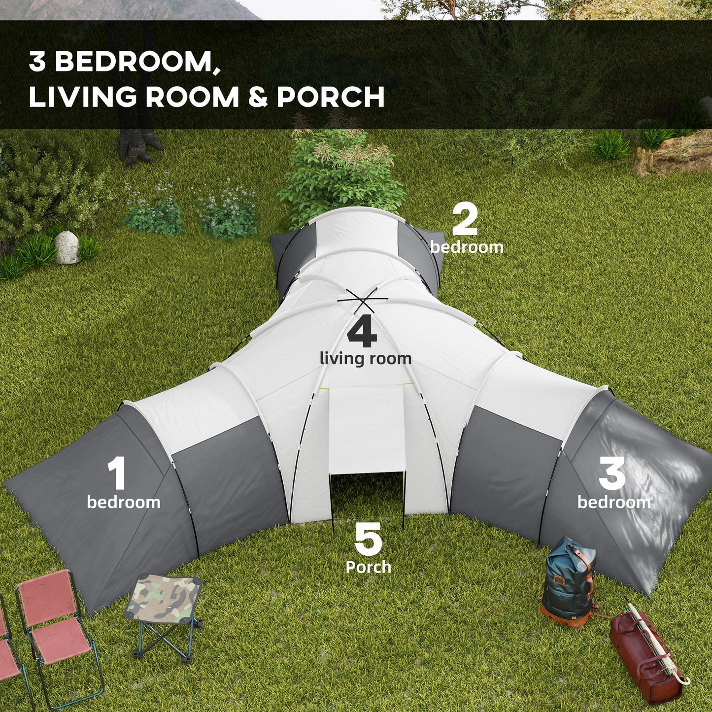 Large Tunnel Tent with 3 Bedroom, Living Area and Porch, Grey