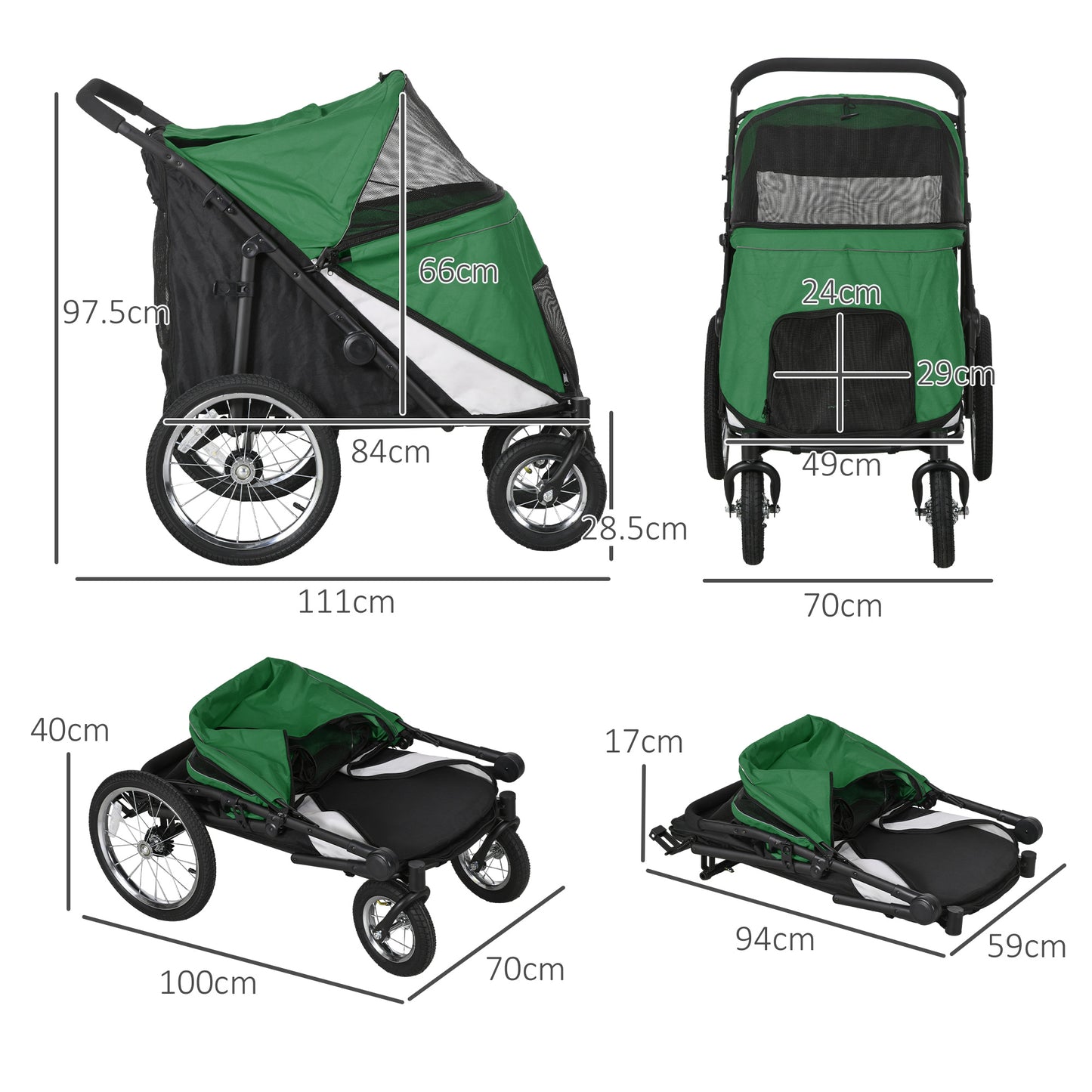 Foldable Pet Stroller with Cushion, for M, L Dogs - Green