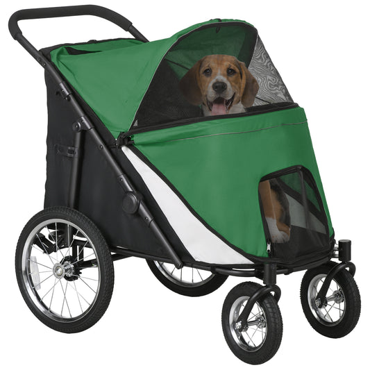 Foldable Pet Stroller with Cushion, for M, L Dogs - Green