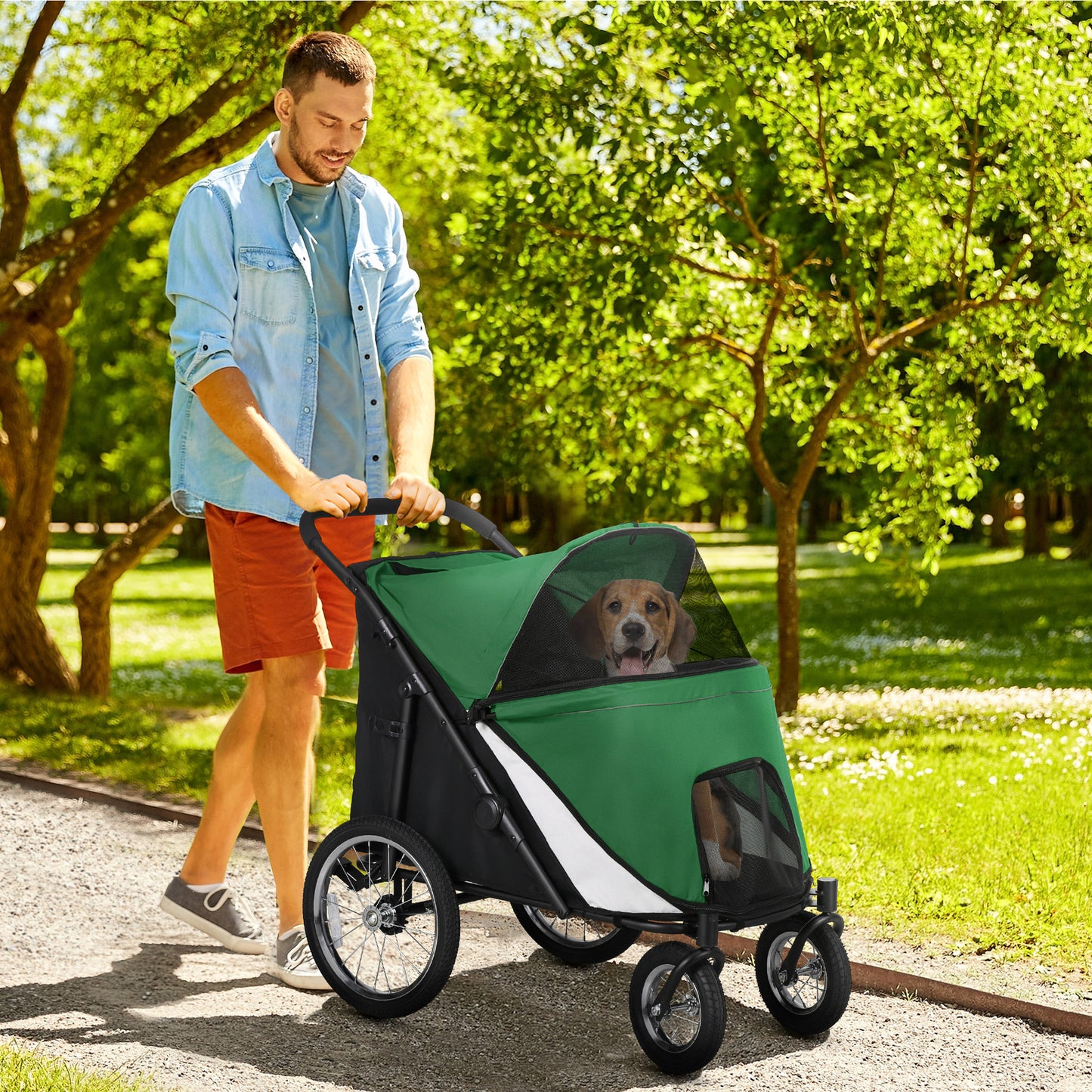 Foldable Pet Stroller with Cushion, for M, L Dogs - Green