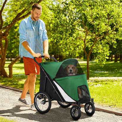 Foldable Pet Stroller with Cushion, for M, L Dogs - Green