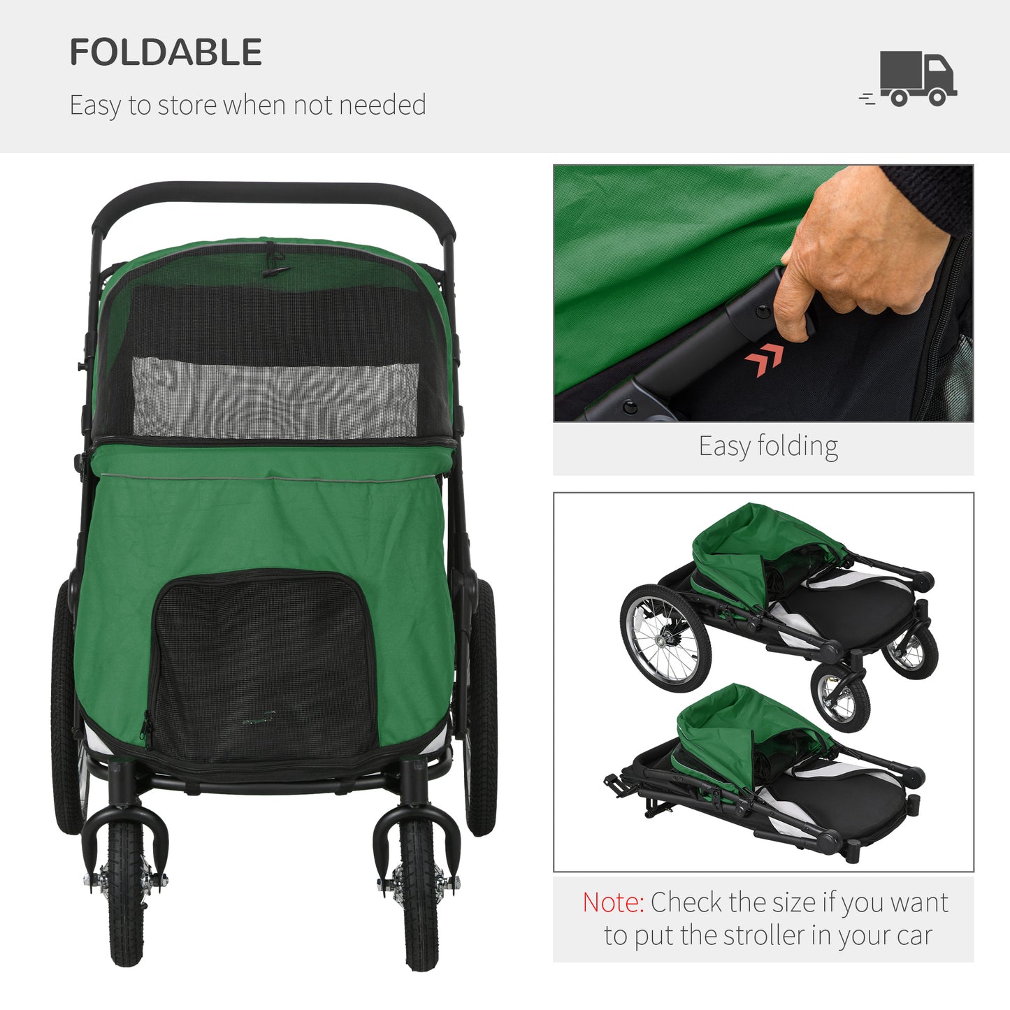 Foldable Pet Stroller with Cushion, for M, L Dogs - Green