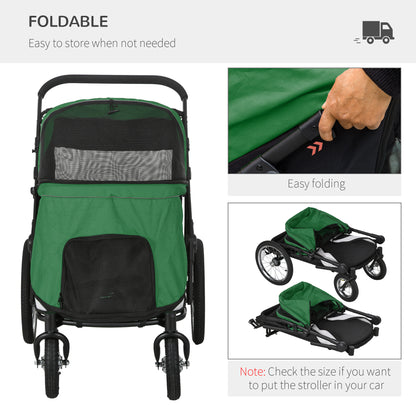 Foldable Pet Stroller with Cushion, for M, L Dogs - Green