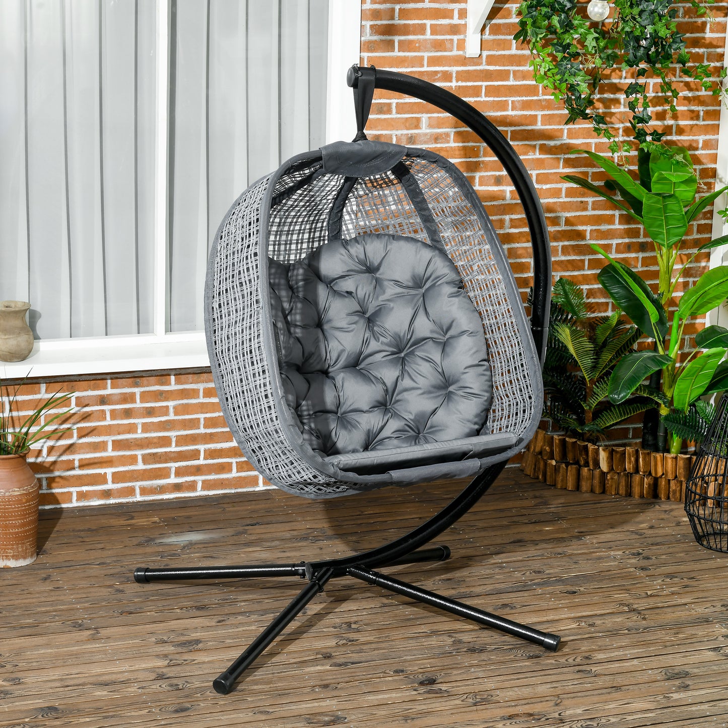 Outdoor Swing Chair w/ Thick Padded Cushion, Patio Hanging Chair w/ Metal Stand, Foldable Basket, Cup Holder, Grey