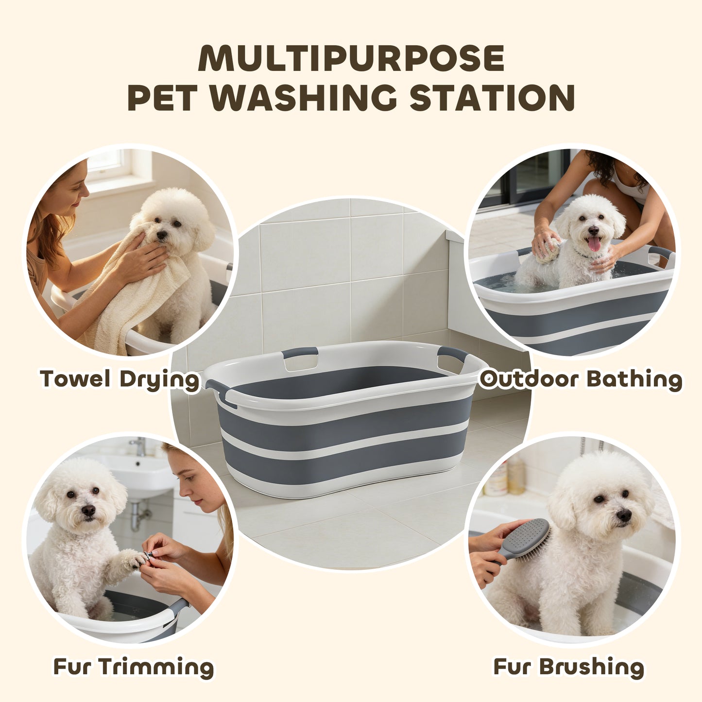 27L Dog Bath Tub Foldable Pet Bathtub with Drain Hole Grey