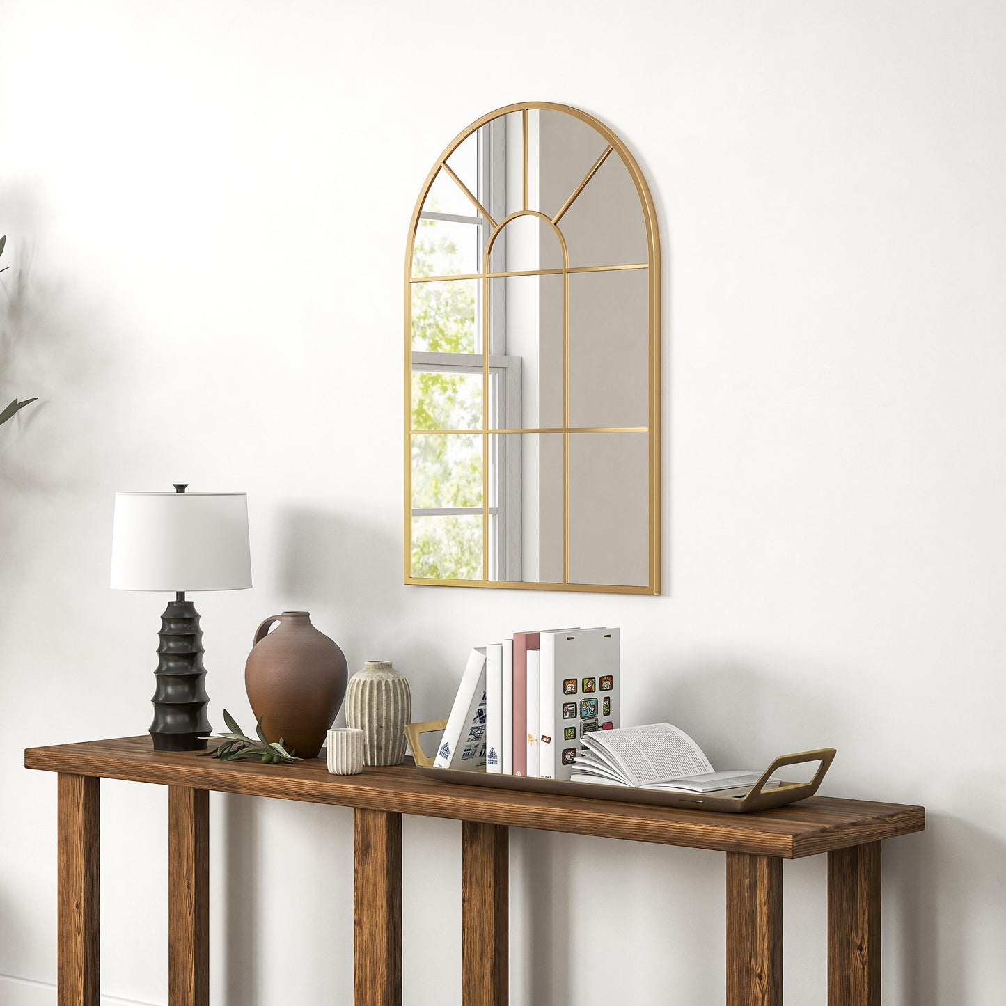 Modern Arched Window Wall Mirror for Bedroom, 91x60cm, Gold Tone