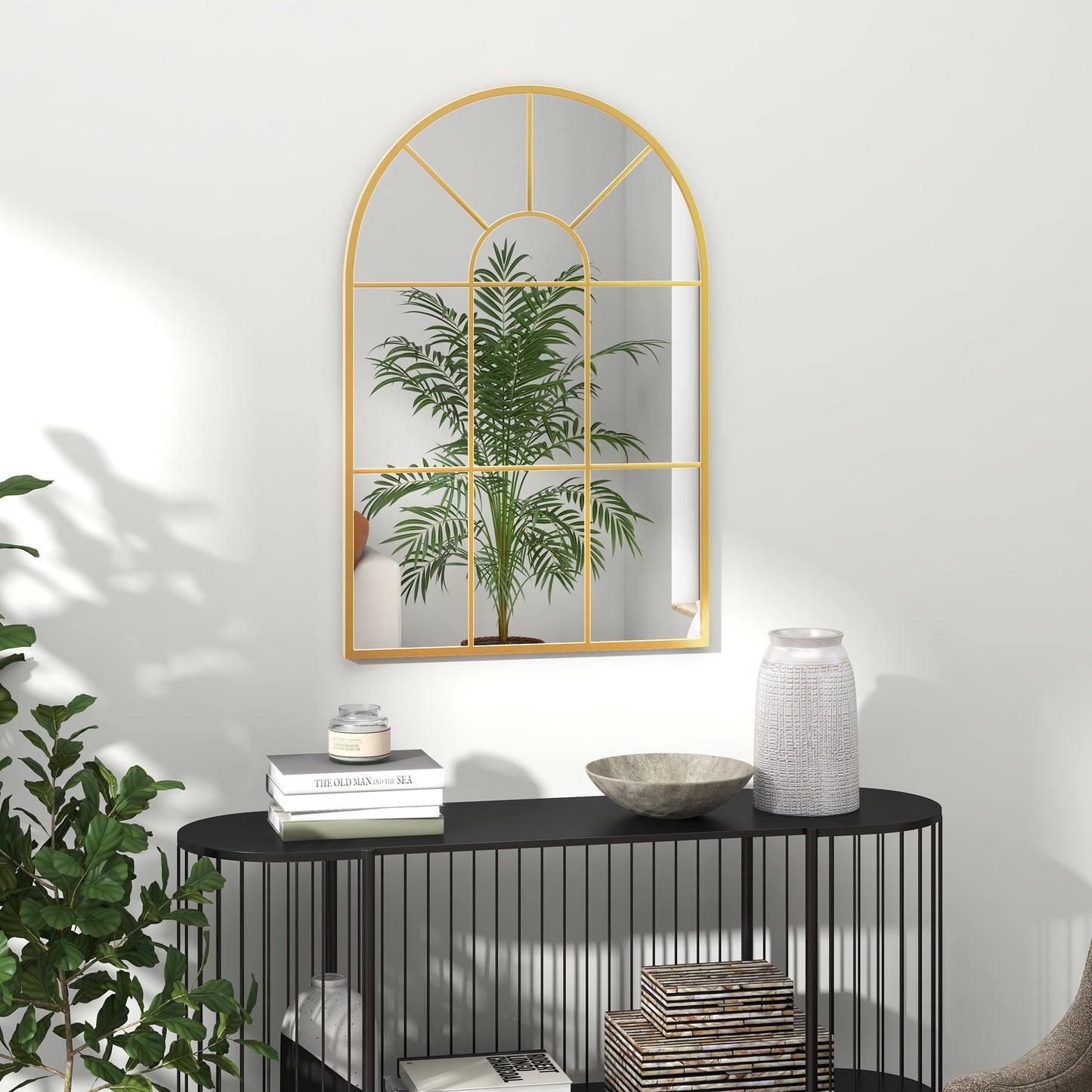 Modern Arched Window Wall Mirror for Bedroom, 91x60cm, Gold Tone
