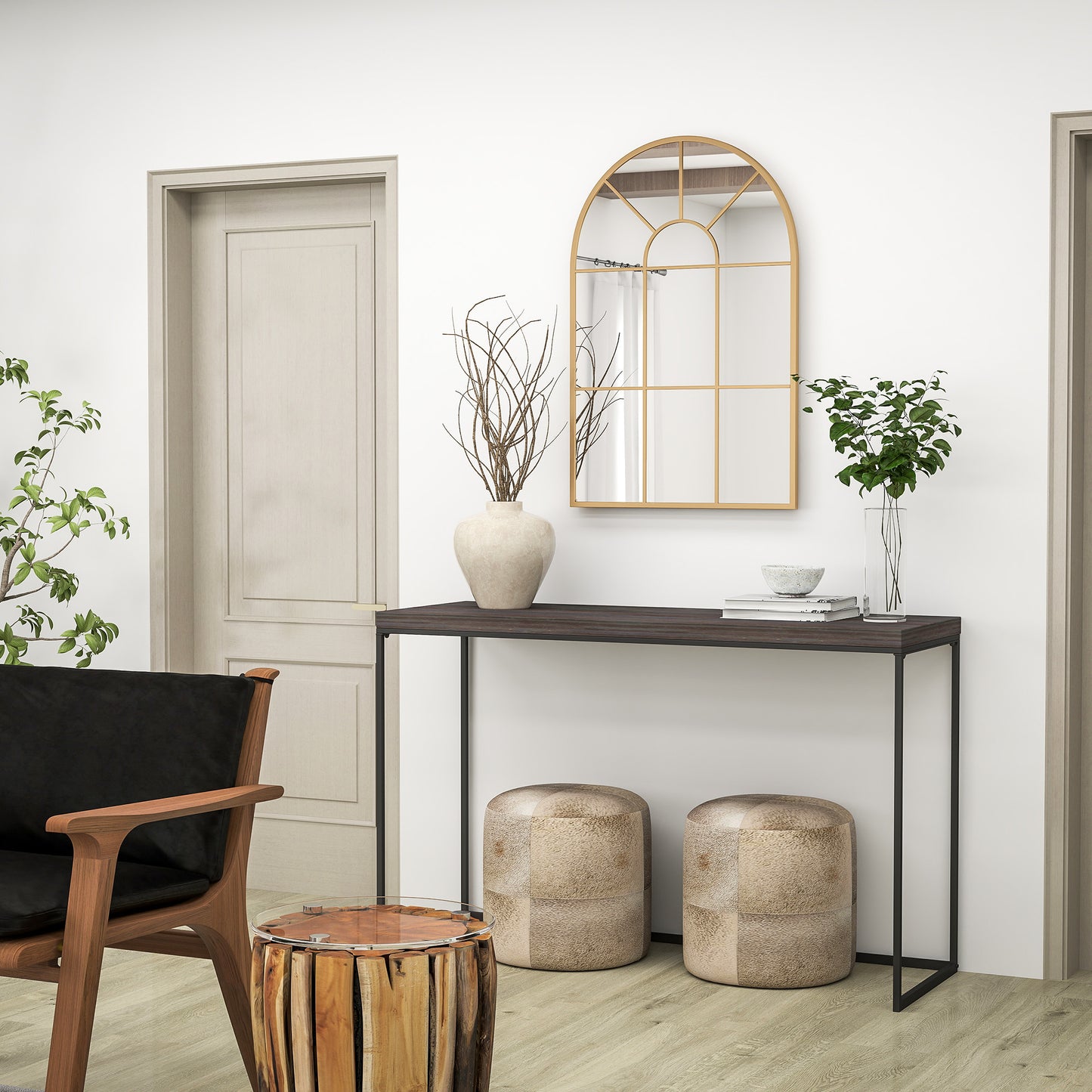 Modern Arched Window Wall Mirror for Bedroom, 91x60cm, Gold Tone