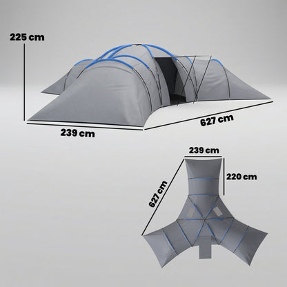 6-9 Man Large Tunnel Tent with 3 Bedrooms, Stand-up Camping Tent