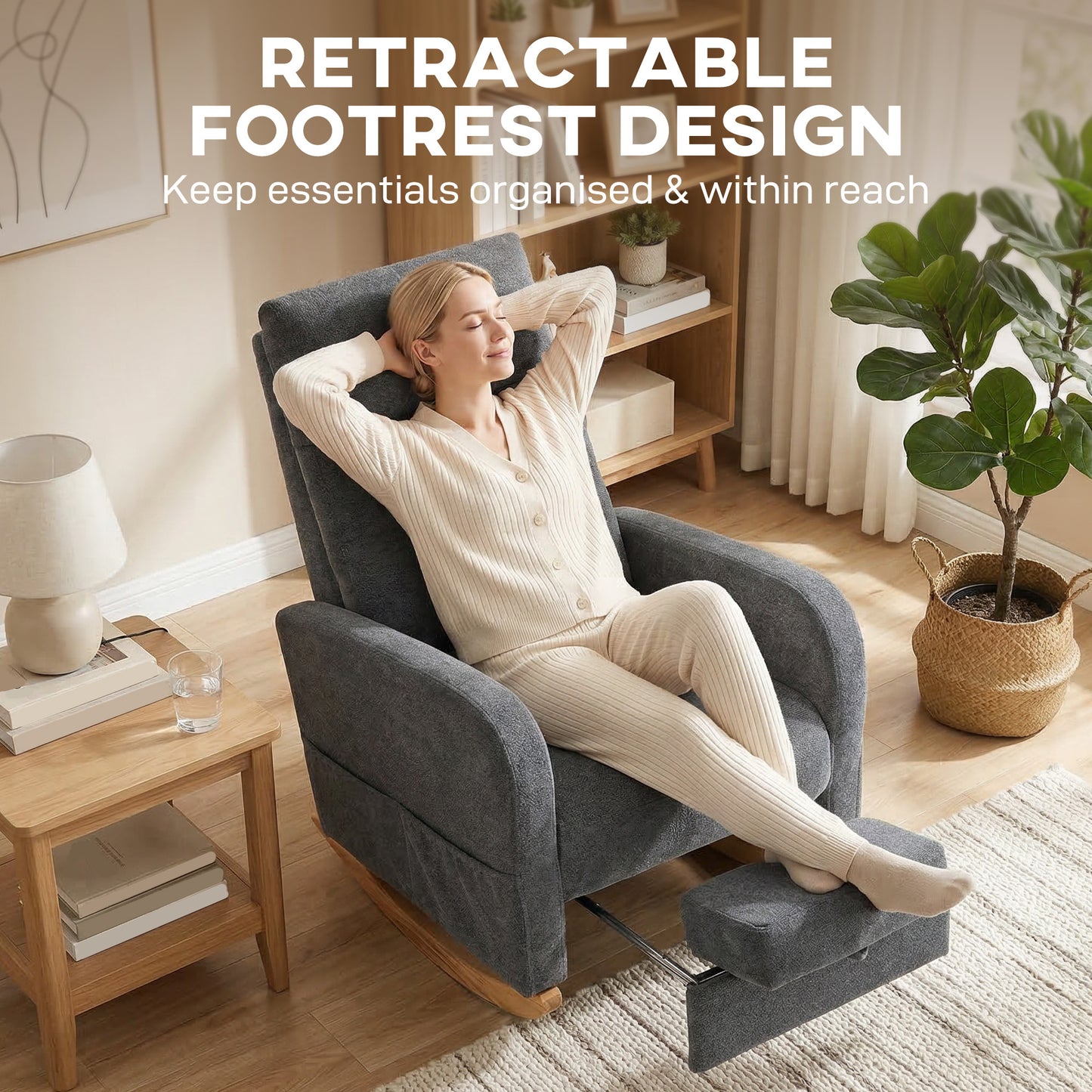 Upholstered Rocking Chair with Retractable Footrest Grey