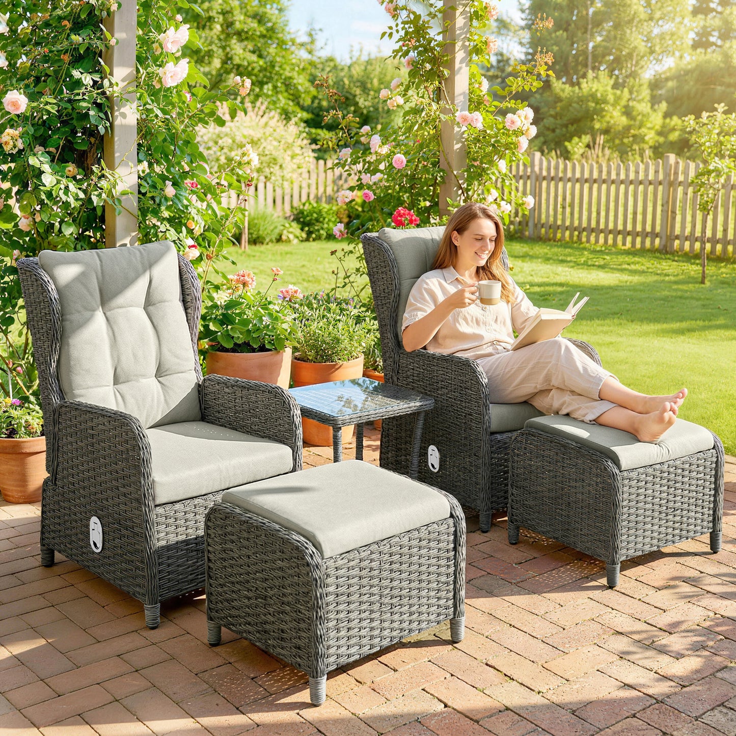 5 Piece Garden Furniture Set, Rattan Reclining Garden Chair Set of 2 with Footstool and Cushion  Cream
