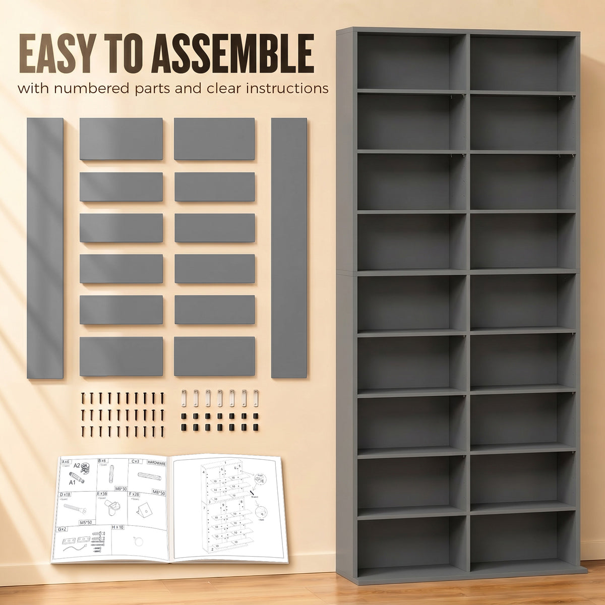 640 CD Storage Unit 360 DVD Storage Tower w/ 18 Compartments Grey