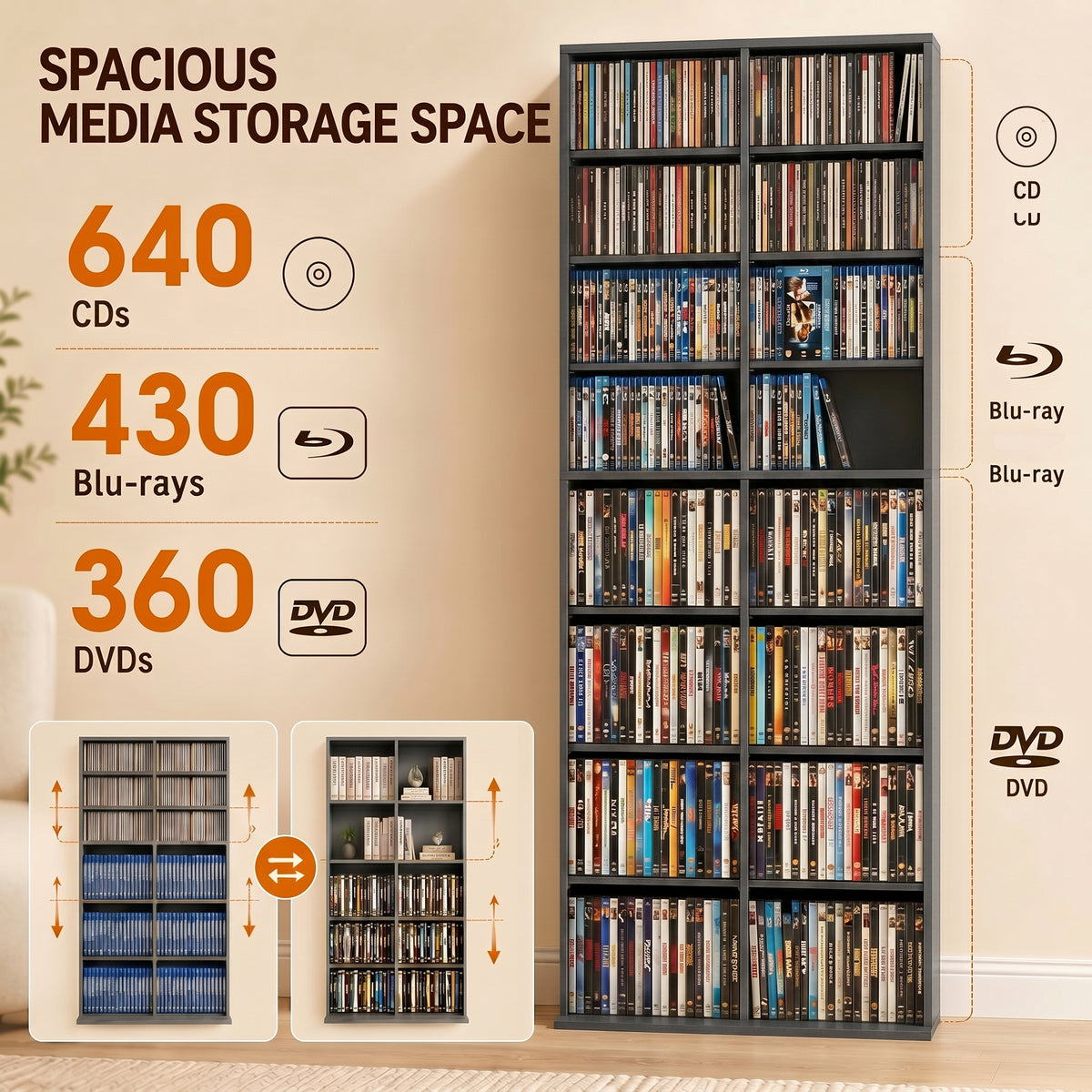 640 CD Storage Unit 360 DVD Storage Tower w/ 18 Compartments Grey