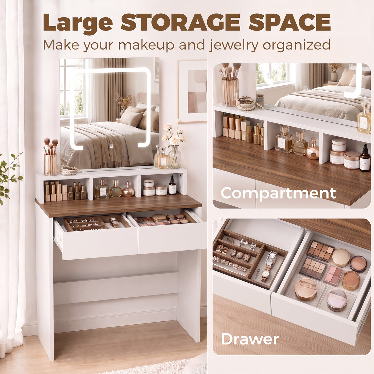 Dressing Table with Mirror, LED Lights, Drawers, for Bedroom, Walnut
