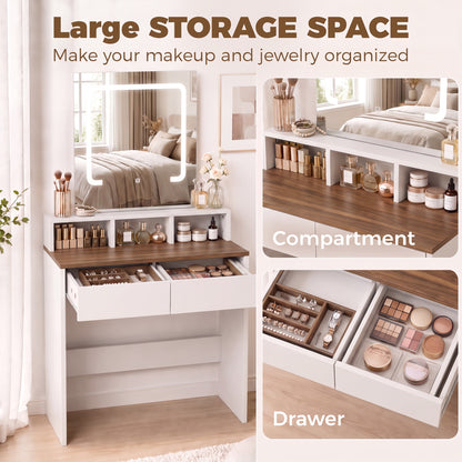 Dressing Table with Mirror, LED Lights, Drawers, for Bedroom, Walnut