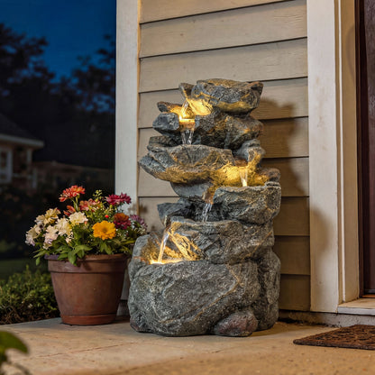 Outdoor Water Fountain with 6-Tier Rock Style, LED Lights, Grey