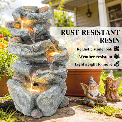 Outdoor Water Fountain with 6-Tier Rock Style, LED Lights, Grey