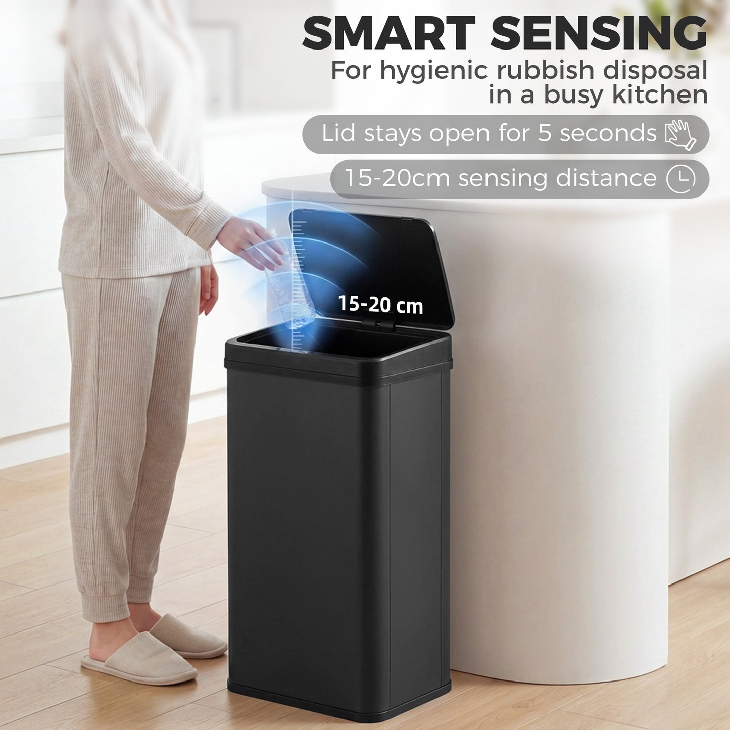 50L Sensor Bin with Quiet Soft-Close Lid, Automatic Touchless Motion Sensor Kitchen Bin with Fingerprint Resistant Stainless Steel for Hygienic Gyms, Home Office Use, Black