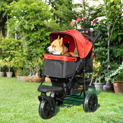 Folding Pet Stroller 3 Wheel Dog Jogger Travel Carrier Adjustable Canopy Storage Brake Mesh Window for Small Miniature Dog Cat Red
