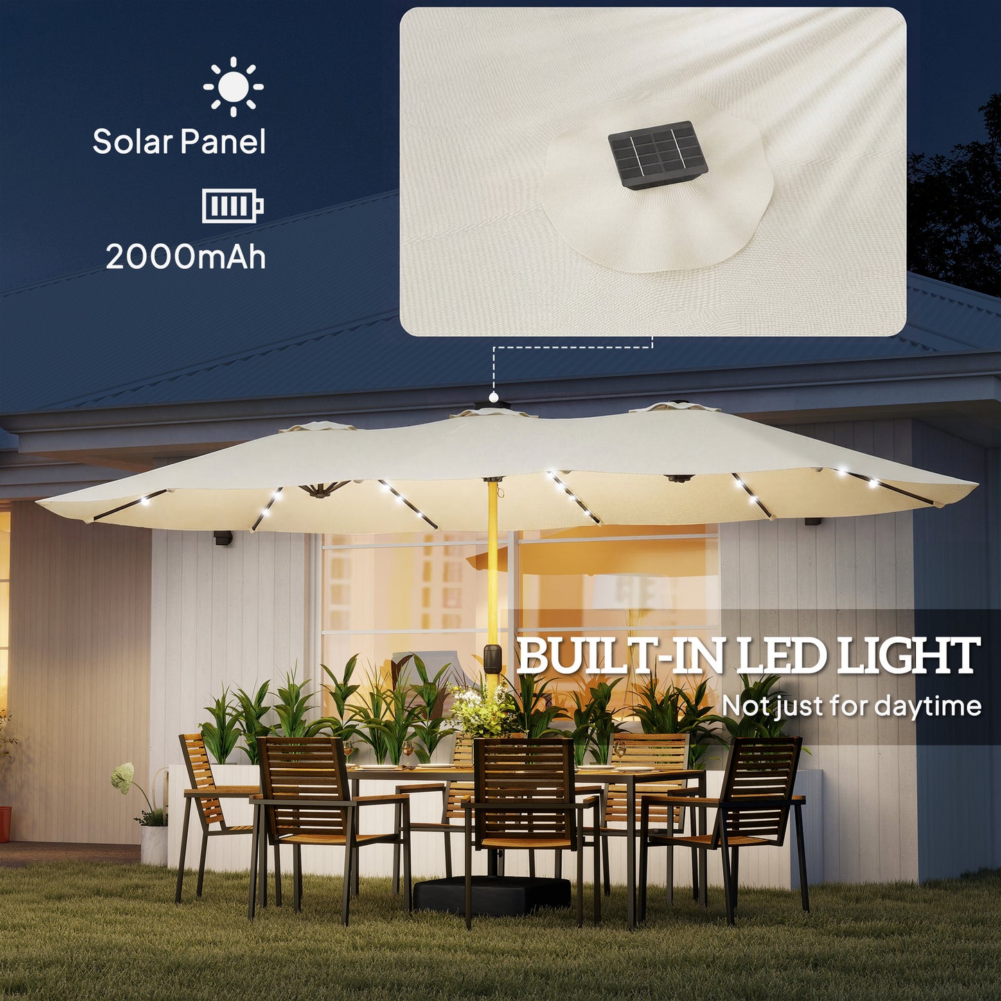 Double Sided Garden Parasol with 48 Solar LED Lights 4.6m Cream White