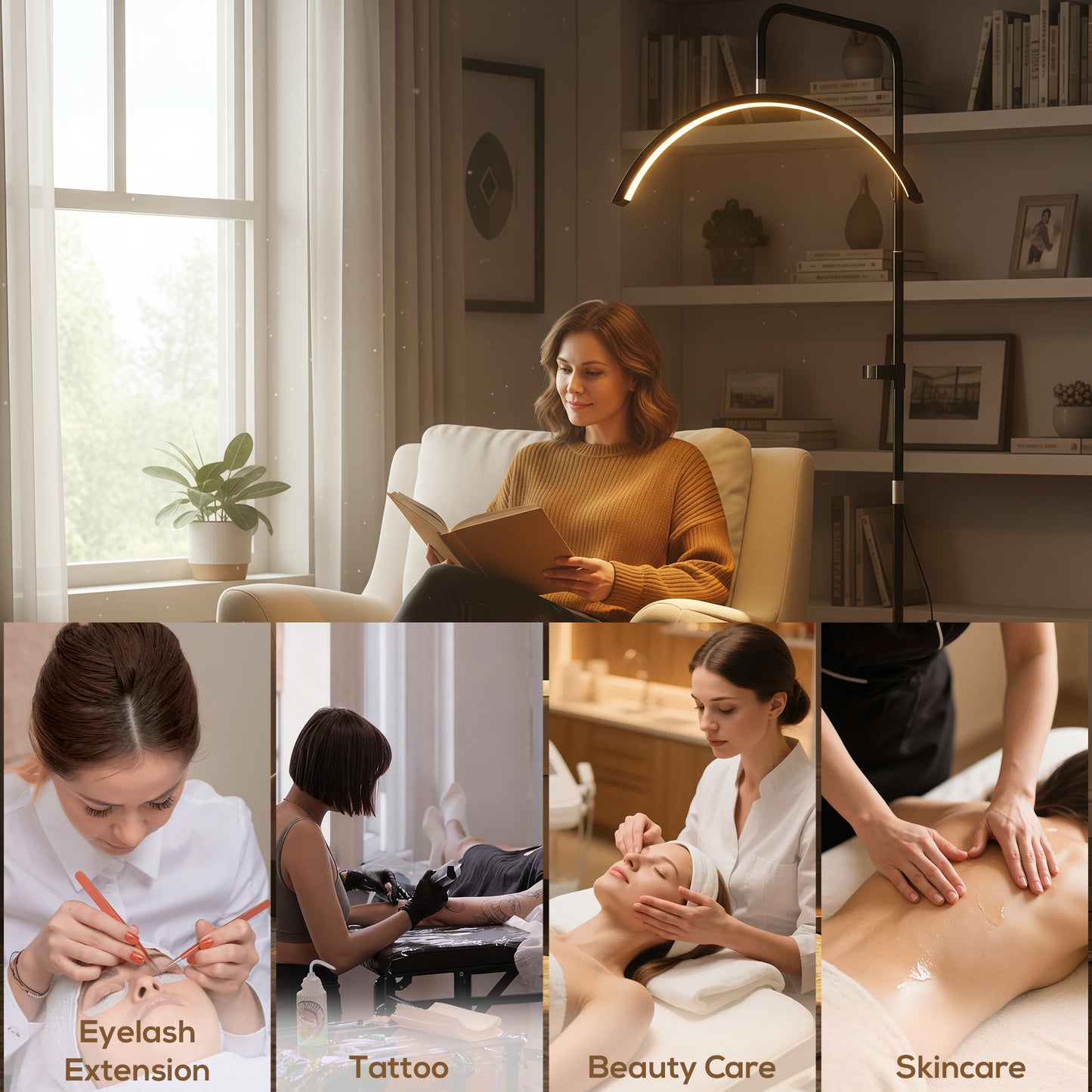 Half Moon Lash Light, Beauty Floor Lamp with Rotatable Head