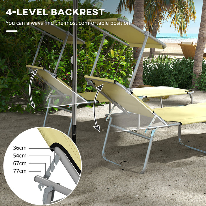 Outdoor Foldable Sun Lounger Set of 2, 4 Level Adjustable Backrest Reclining Sun Lounger Chair with Angle Adjust Sun Shade Awning for Beach, Garden, Patio, Beige