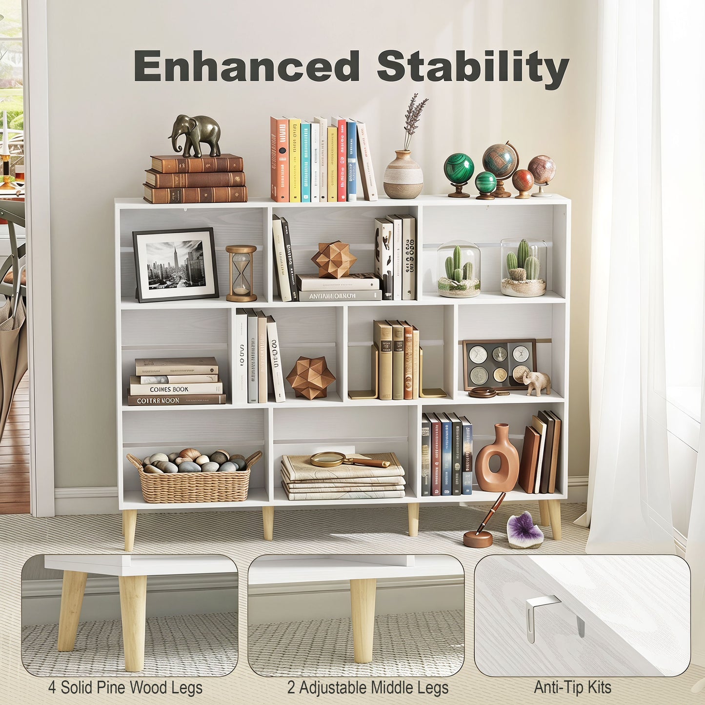 Bookshelf with 10 Cubbies, 3-Tier Book Shelf with Wood Legs, White