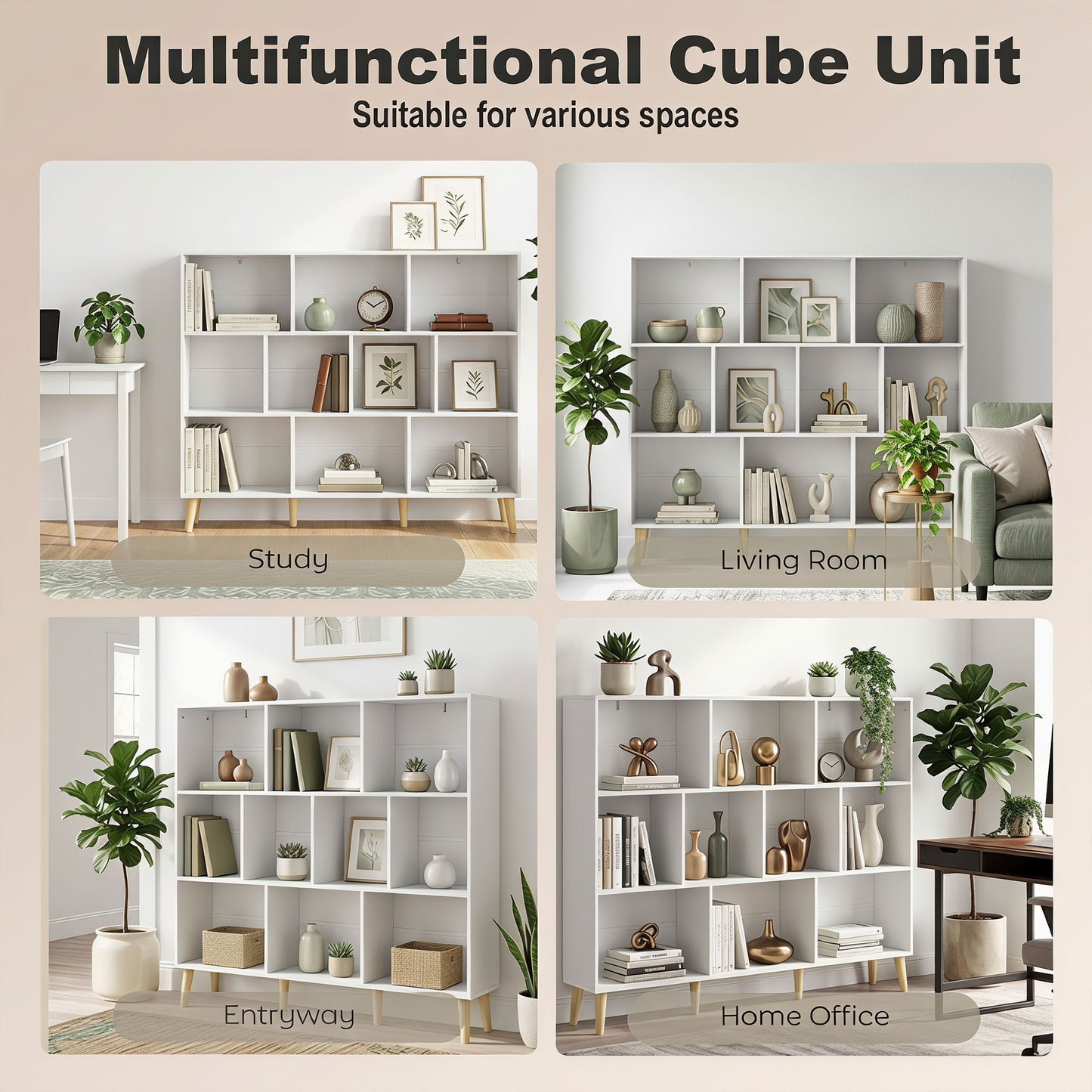 Bookshelf with 10 Cubbies, 3-Tier Book Shelf with Wood Legs, White