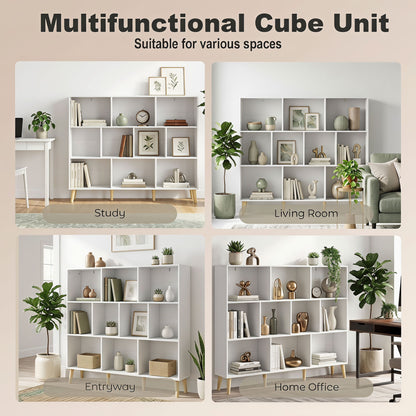 Bookshelf with 10 Cubbies, 3-Tier Book Shelf with Wood Legs, White