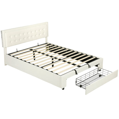 King Size Bed Frame with Storage and Adjustable Headboard, Cream