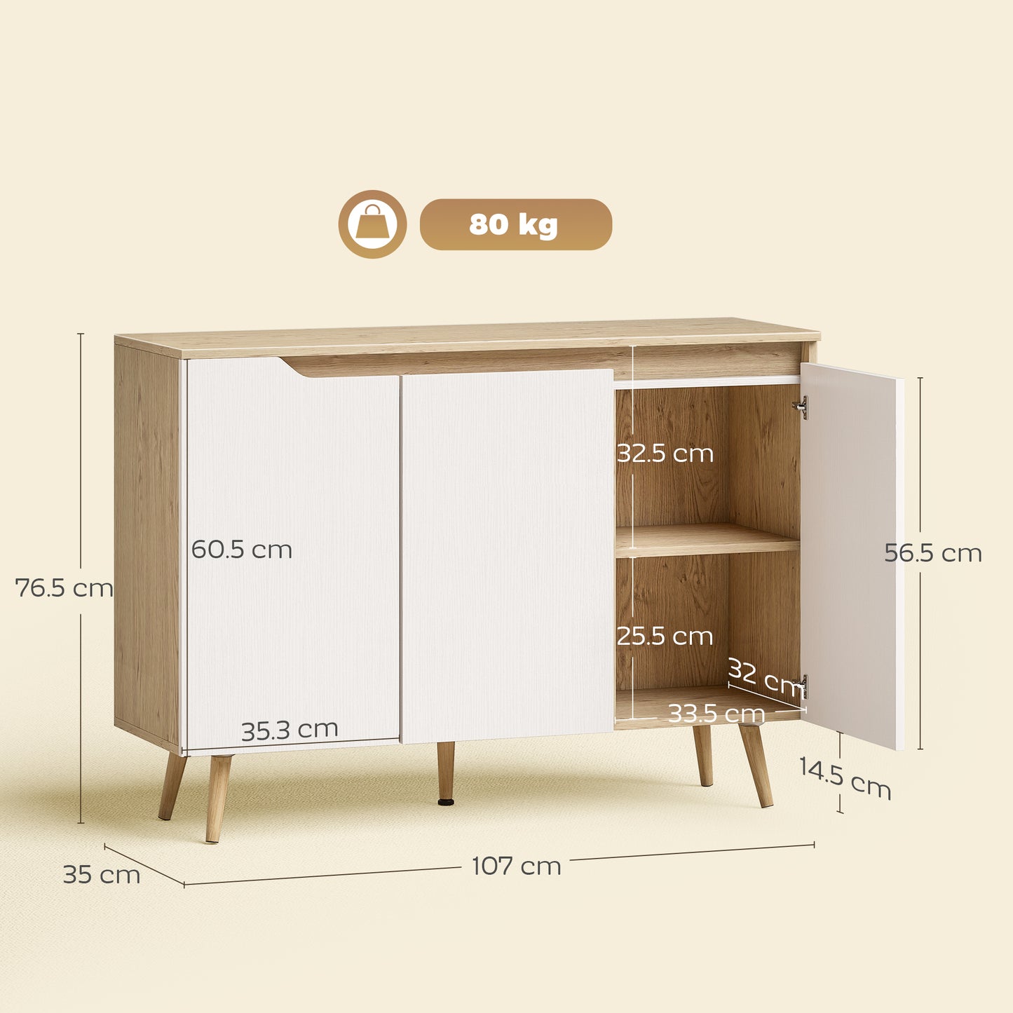 Sideboard Storage Cabinet with 5 Rubberwood Legs, White and Oak