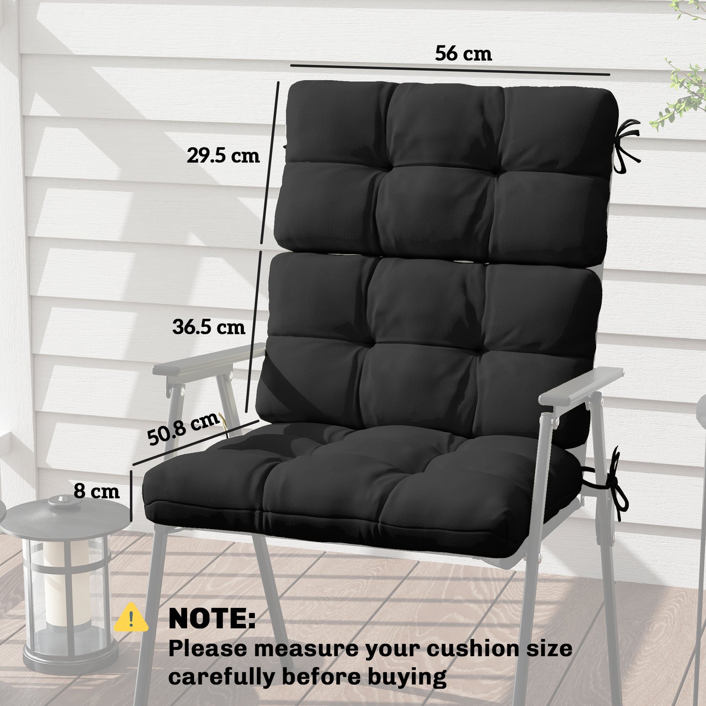 2pc Outdoor Seat Cushion with Backrest, Ties, for Garden, Black