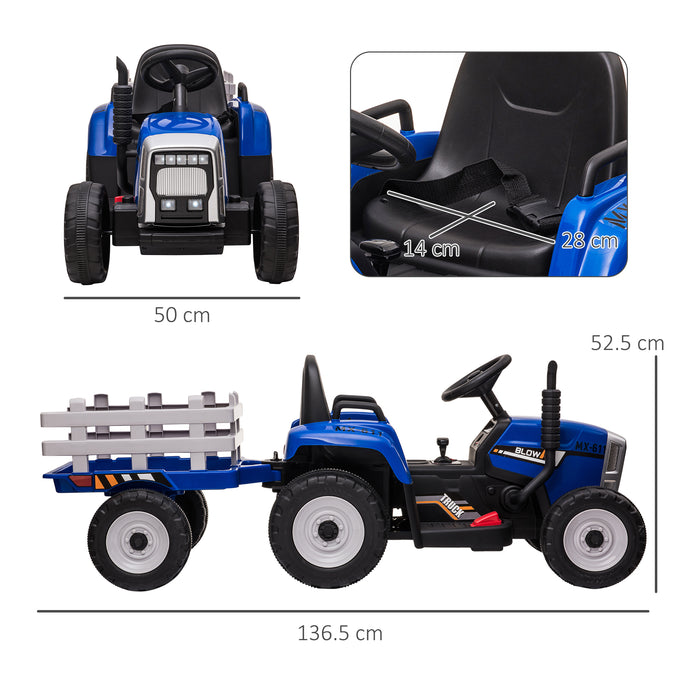 Electric Ride on Tractor w/ Detachable Trailer, 12V Kids Battery Powered Electric Car w/ Remote Control, Music Start up Sound, Blue