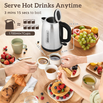4 Slice Wide Slot Toaster and 1.7L Rapid Boil Kettle Set, Silver Tone