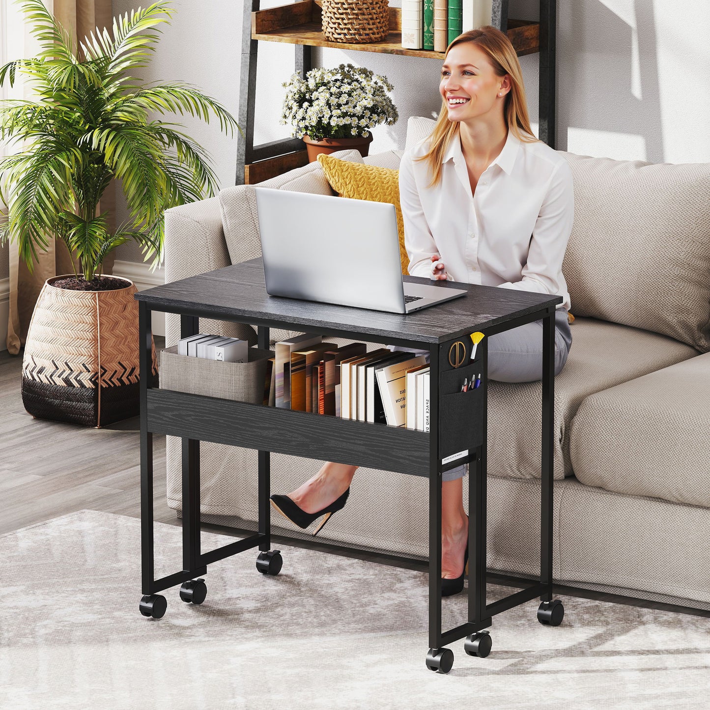 80 cm Foldable Computer Desk on Wheels for Small Spaces, Black