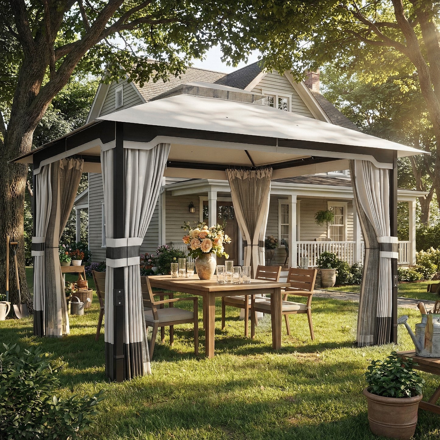 3 x 3.6 m Outdoor Garden Gazebo with Netting, Curtains, Light Grey