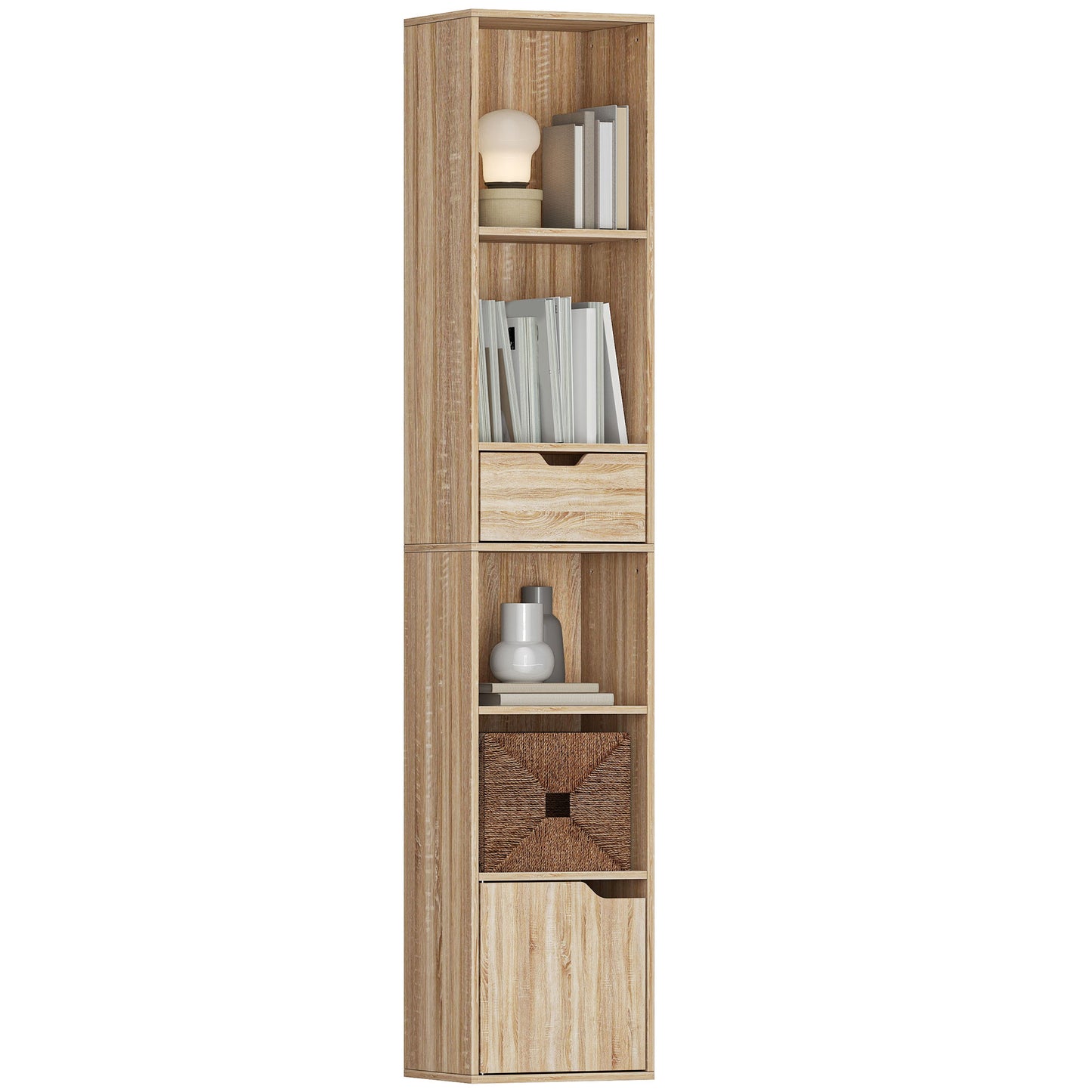Narrow Bookshelf with Drawer, Tall Bookcase for Living Room, Natural