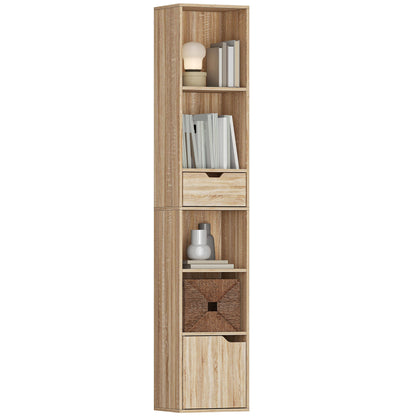 Narrow Bookshelf with Drawer, Tall Bookcase for Living Room, Natural
