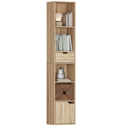 Narrow Bookshelf with Drawer, Tall Bookcase for Living Room, Natural