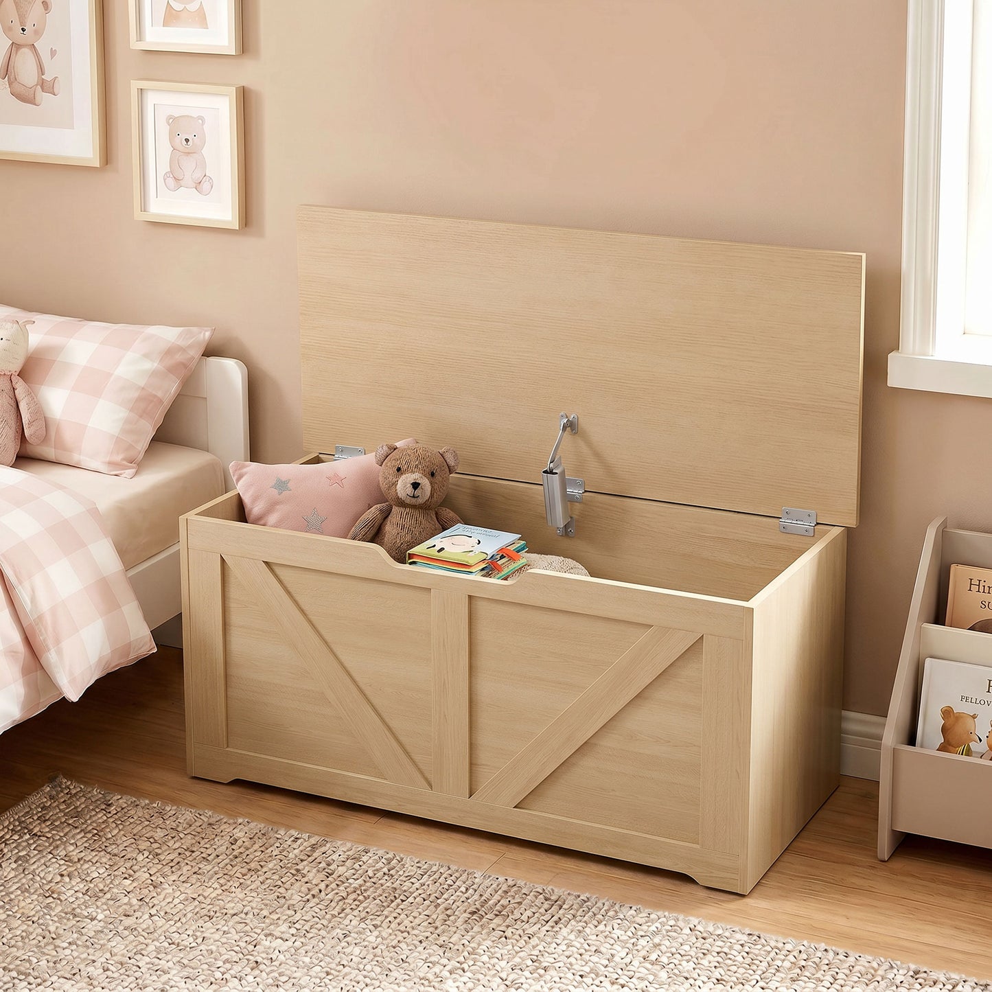 Storage Trunk for Living Room with Safety Hinge, 80cm, Nature Wood