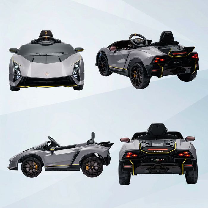 12V Lamborghini Autentica Licensed Ride on Car with Butterfly Doors, Battery Powered Kids Electric Car with Remote Control, 4 Suspension Wheels, Soft Start, LED Lights, Music, Horn, Grey