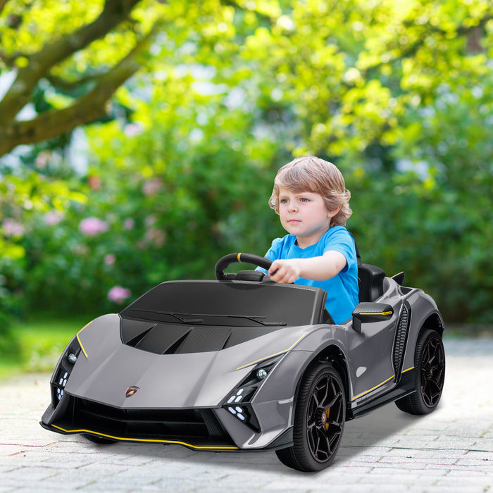 12V Lamborghini Autentica Licensed Ride on Car with Butterfly Doors, Battery Powered Kids Electric Car with Remote Control, 4 Suspension Wheels, Soft Start, LED Lights, Music, Horn, Grey