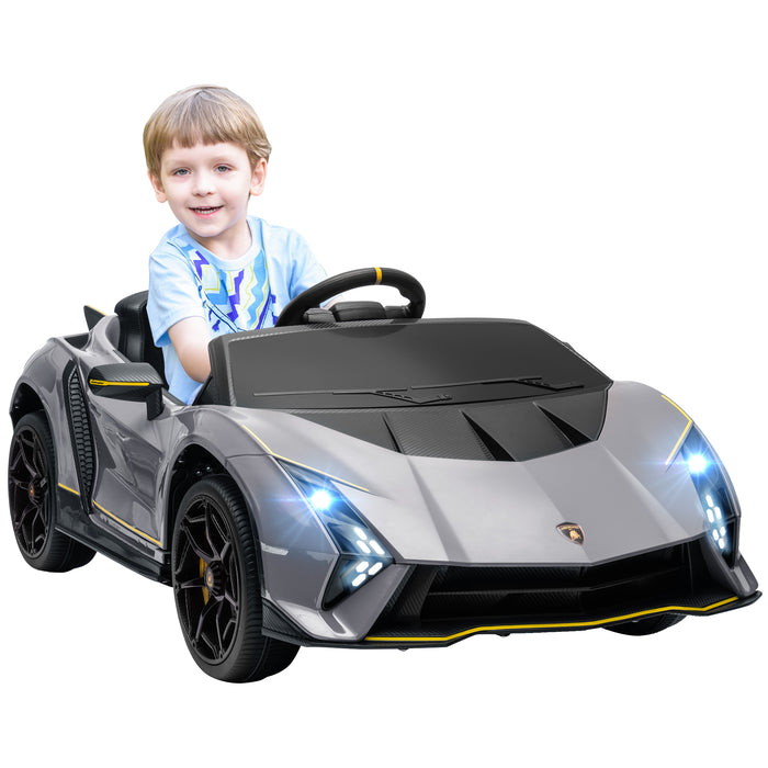 12V Lamborghini Autentica Licensed Ride on Car with Butterfly Doors, Battery Powered Kids Electric Car with Remote Control, 4 Suspension Wheels, Soft Start, LED Lights, Music, Horn, Grey