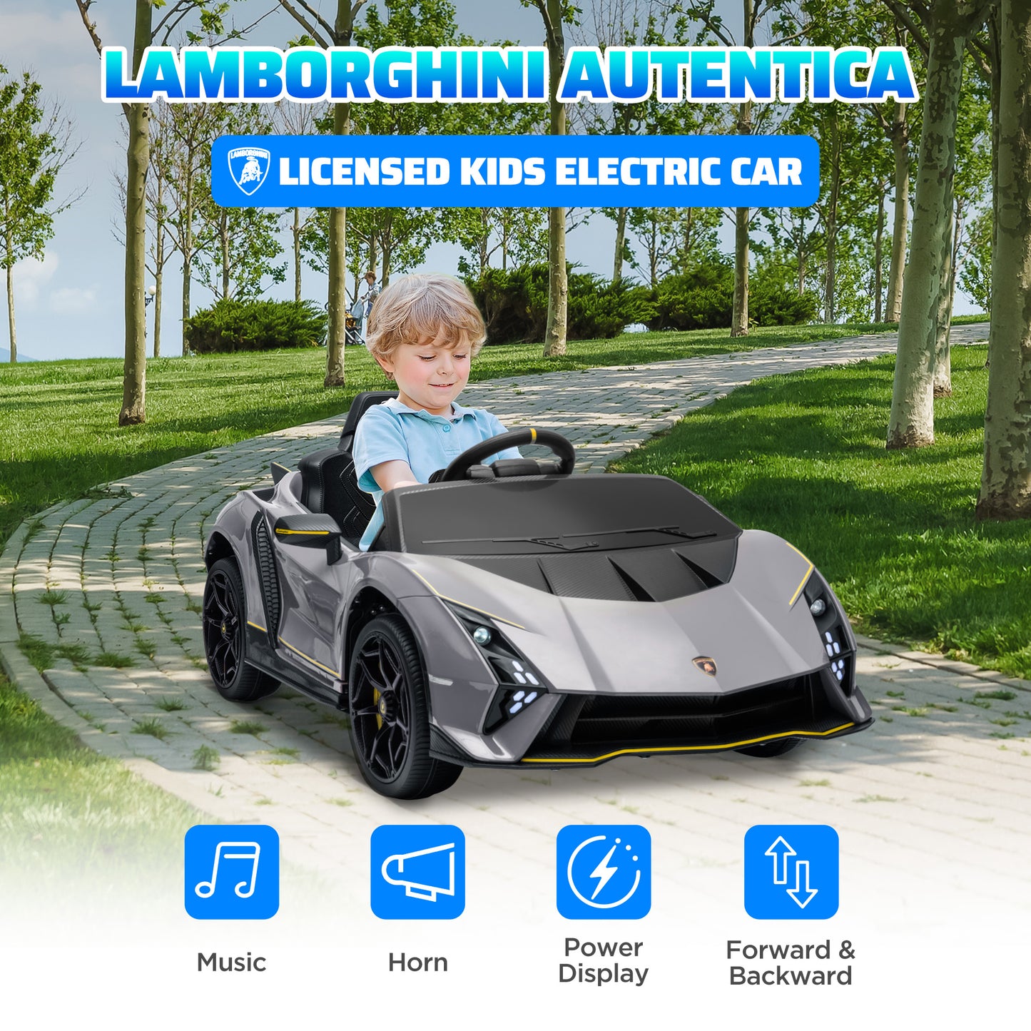 12V Lamborghini Autentica Licensed Ride on Car with Butterfly Doors, Battery Powered Kids Electric Car with Remote Control, 4 Suspension Wheels, Soft Start, LED Lights, Music, Horn, Grey