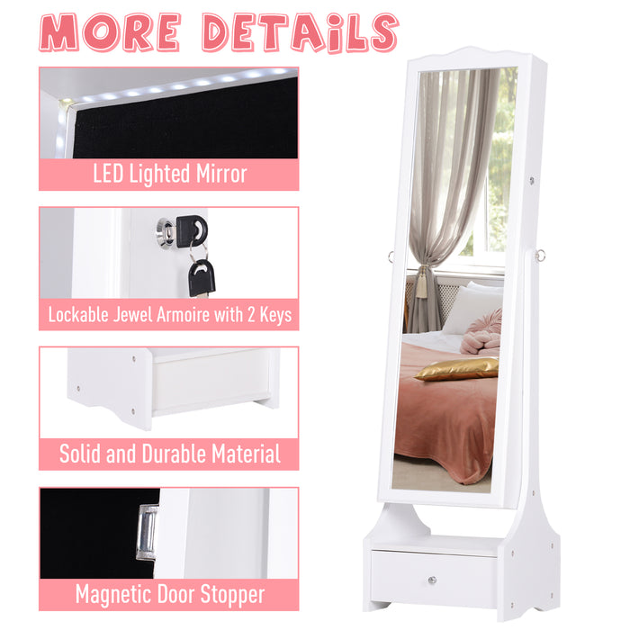 Jewellery Cabinet with led, mirroir Cabinet Armoire Floor Standing Flip-over Makeup Shelf Organizer with lock white