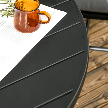 Garden Table with Parasol Hole, Outdoor Dining Garden Table for Four Persons, Round Patio Table with Slatted Metal Top, Black