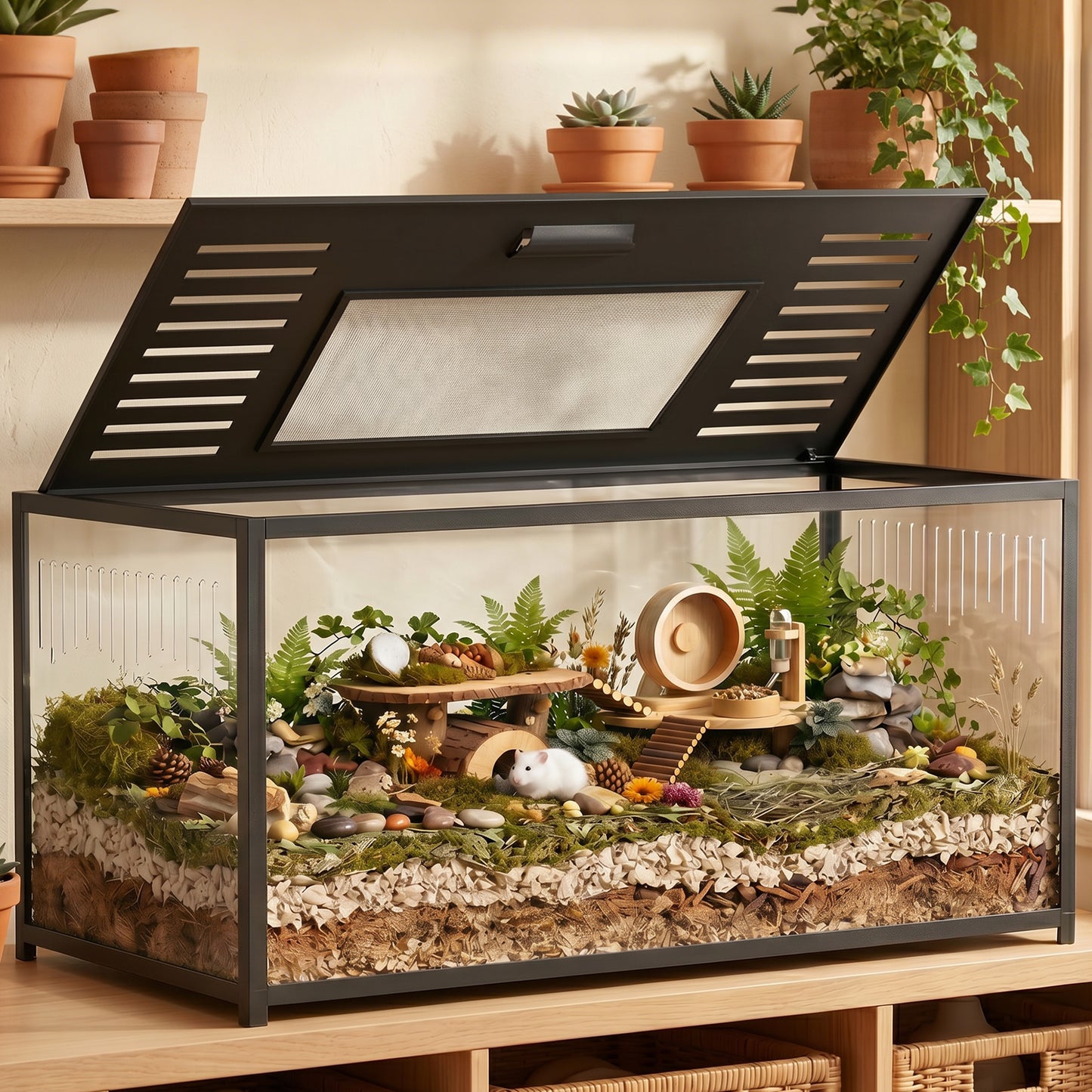 Large Hamster Cage, Chewproof Metal Rat Cage with Openable Top, Black