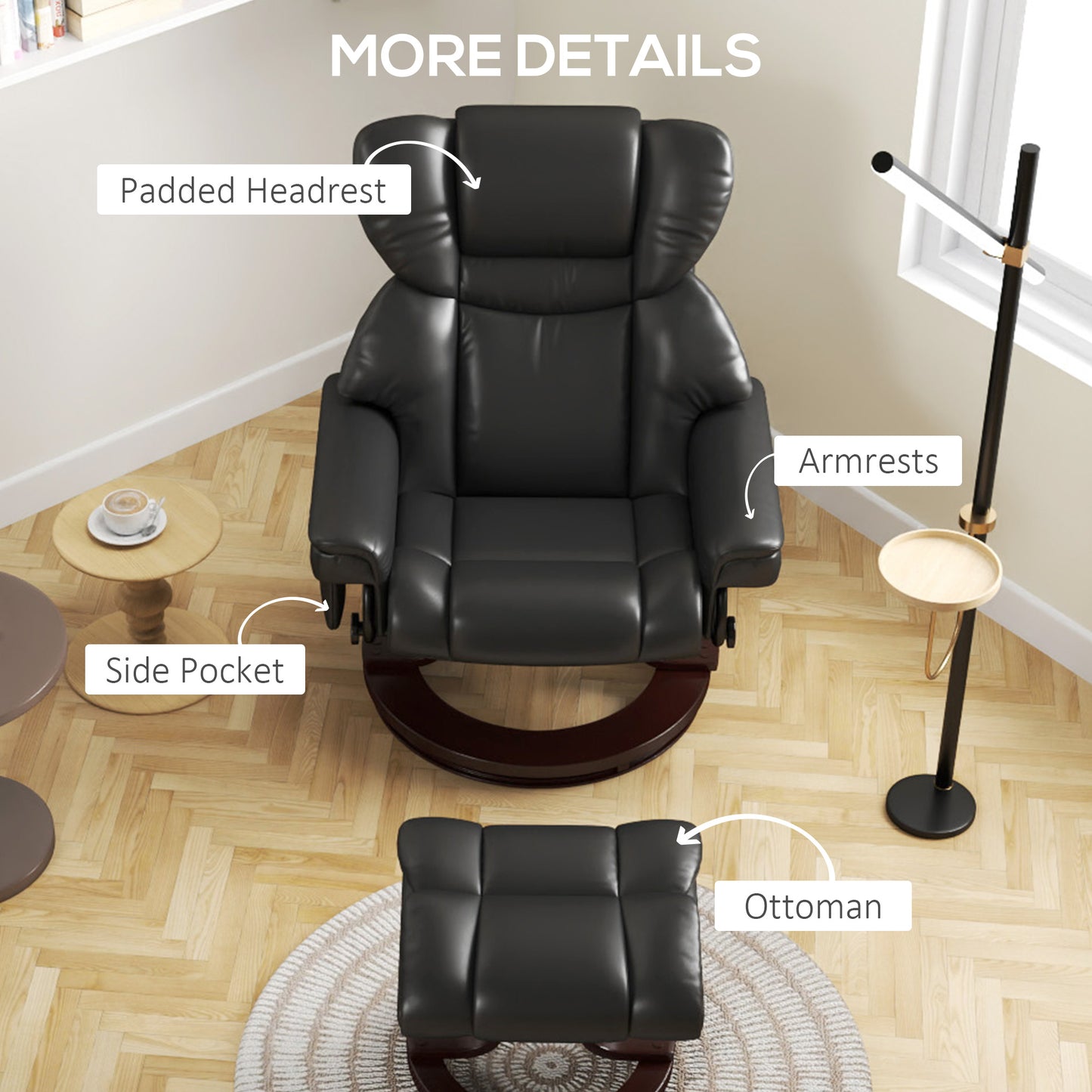 Massage Recliner Chair with Footstool and Adjustable Backrest, Black